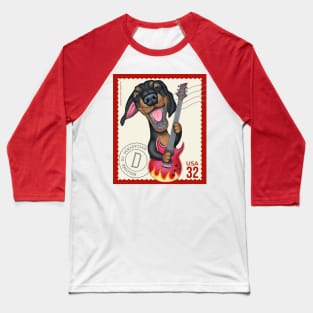 Cute Doxie playing guitar on vintage postage stamp Baseball T-Shirt